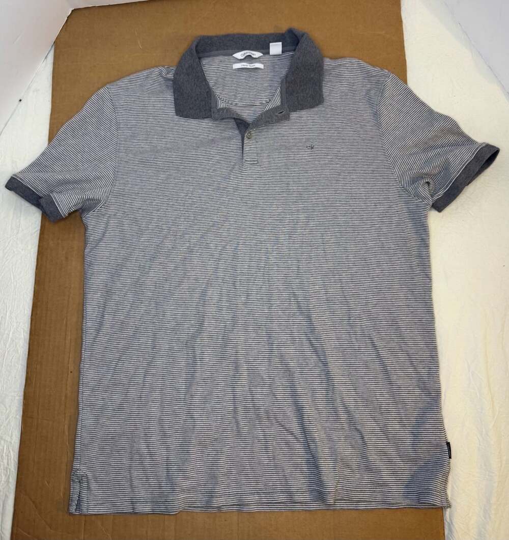 Calvin Klein Liquid Touch Polo Shirt Size L Striped Grey Cotton